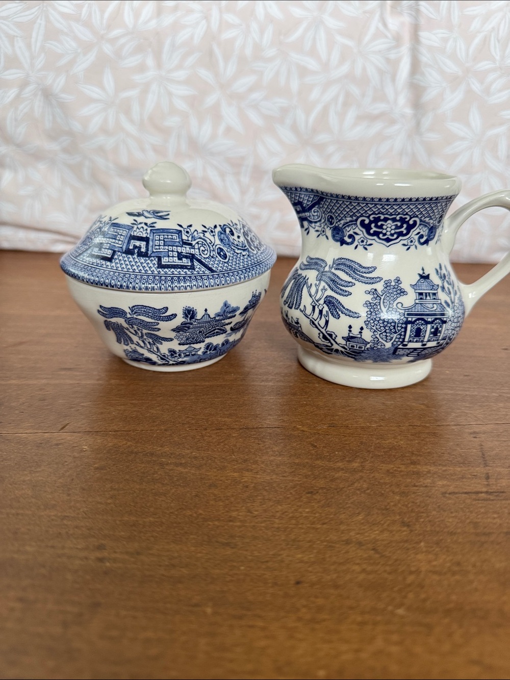 Blue Willow Porcelain Creamer and Covered Sugar Bowl - Blue and White
